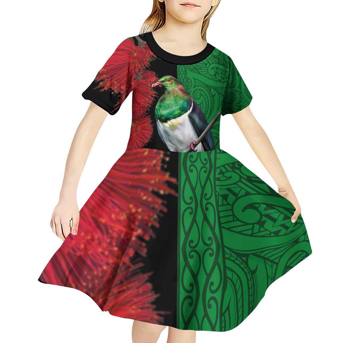 New Zealand Kereru And Pohutukawa Kid Short Sleeve Dress Maori Tribal Tattoo LT03 - Polynesian Pride