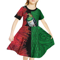 New Zealand Kereru And Pohutukawa Kid Short Sleeve Dress Maori Tribal Tattoo LT03 - Polynesian Pride