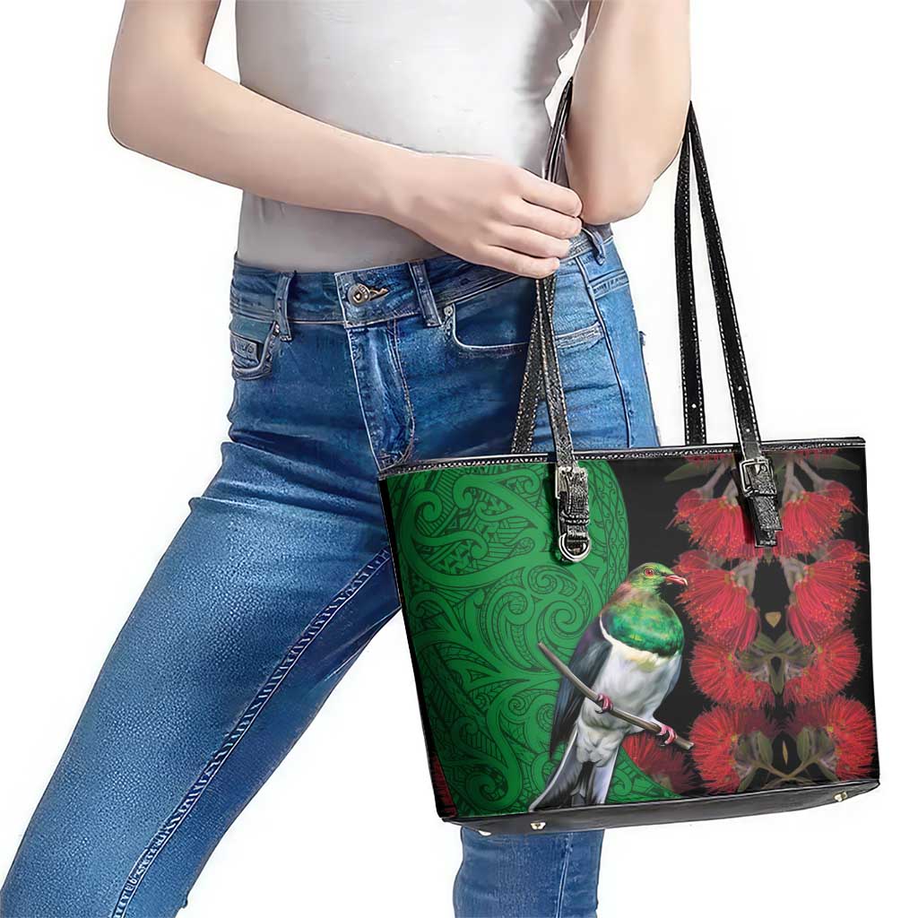 New Zealand Kereru And Pohutukawa Leather Tote Bag Maori Tribal Tattoo LT03 - Polynesian Pride