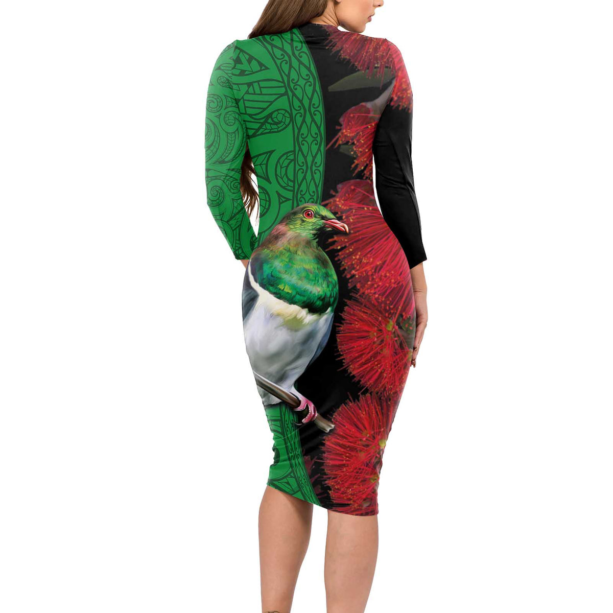 New Zealand Kereru And Pohutukawa Long Sleeve Bodycon Dress Maori Tribal Tattoo LT03 - Polynesian Pride