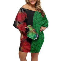 New Zealand Kereru And Pohutukawa Off Shoulder Short Dress Maori Tribal Tattoo LT03 Women Black - Polynesian Pride