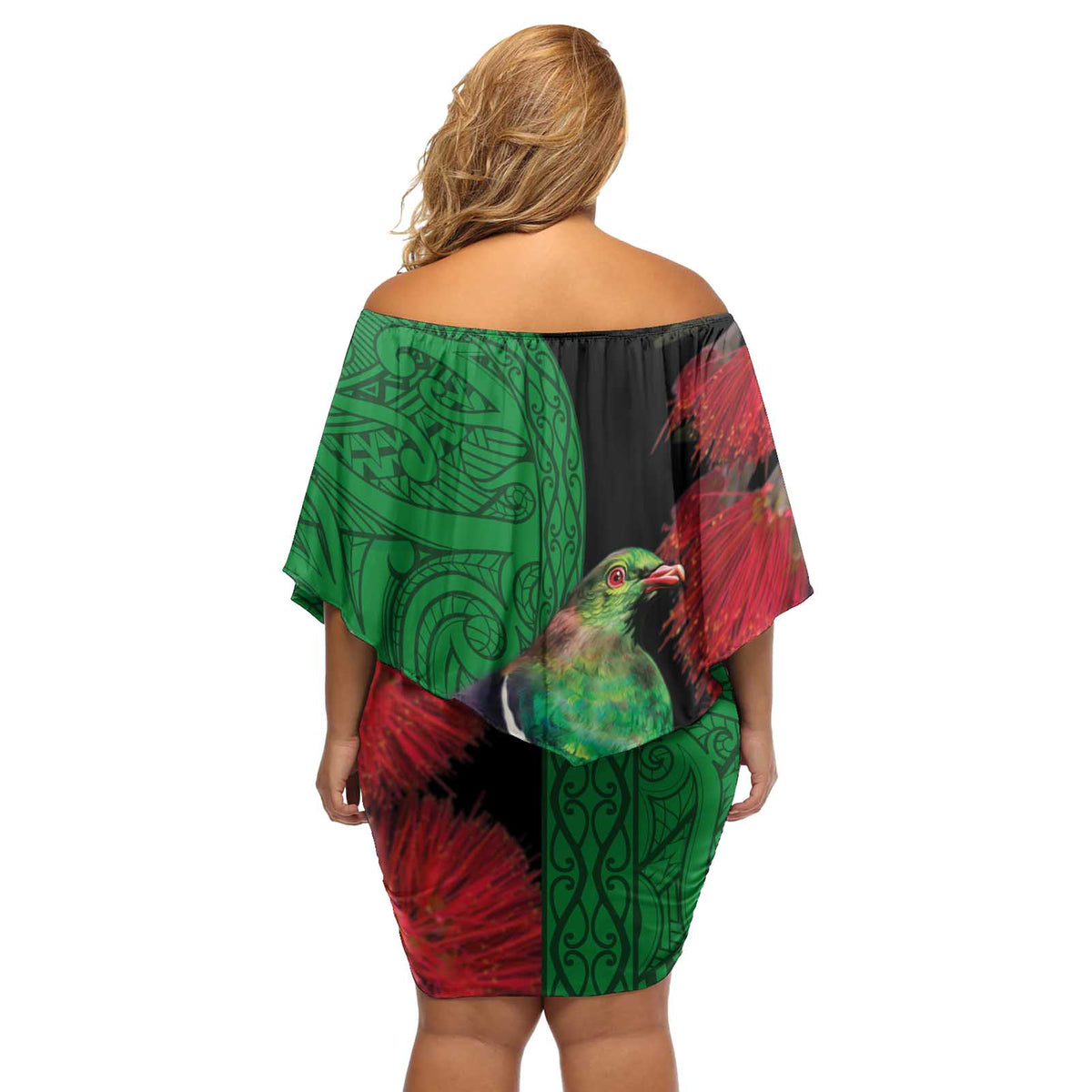 New Zealand Kereru And Pohutukawa Off Shoulder Short Dress Maori Tribal Tattoo LT03 - Polynesian Pride