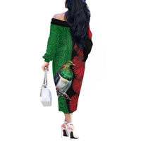 New Zealand Kereru And Pohutukawa Off The Shoulder Long Sleeve Dress Maori Tribal Tattoo LT03 - Polynesian Pride
