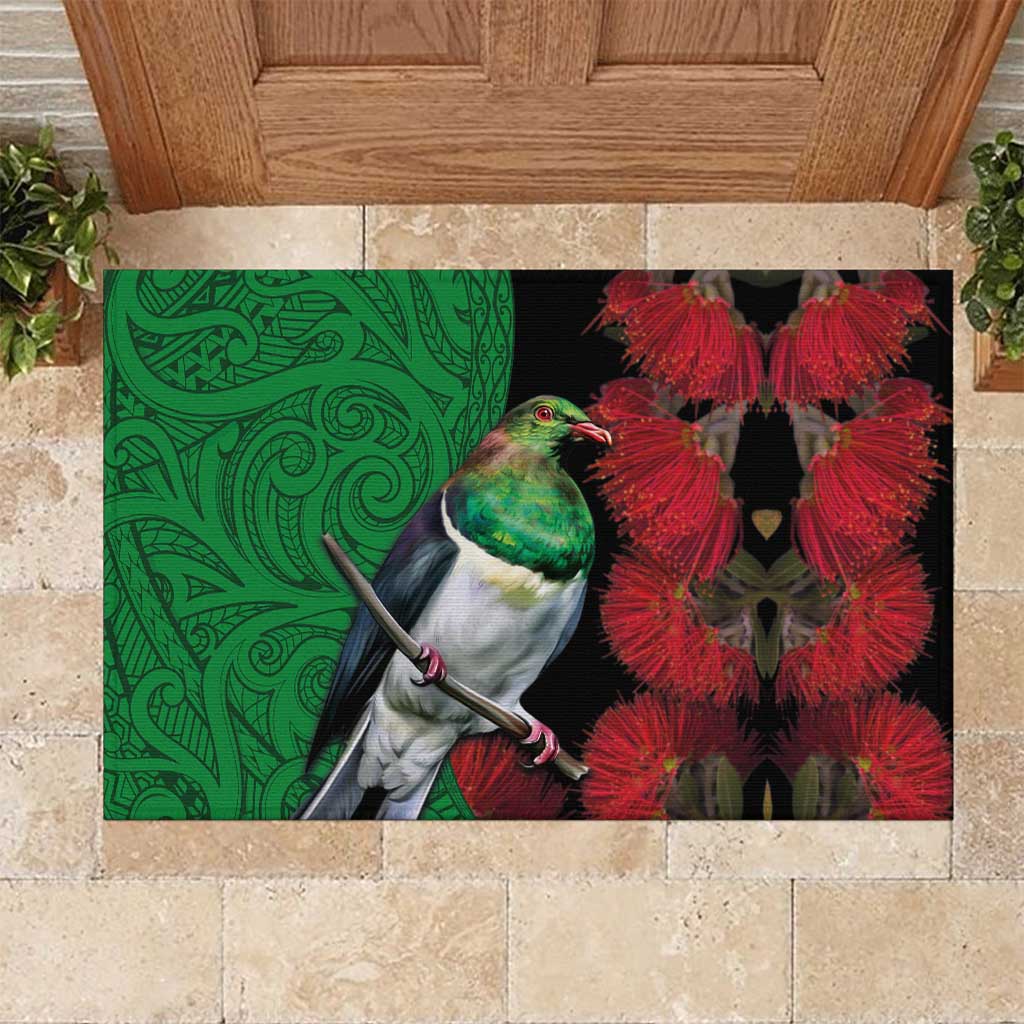 New Zealand Kereru And Pohutukawa Rubber Doormat Maori Tribal Tattoo LT03 Black - Polynesian Pride