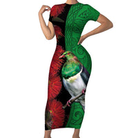 New Zealand Kereru And Pohutukawa Short Sleeve Bodycon Dress Maori Tribal Tattoo LT03 Long Dress Black - Polynesian Pride