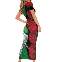 New Zealand Kereru And Pohutukawa Short Sleeve Bodycon Dress Maori Tribal Tattoo LT03 - Polynesian Pride