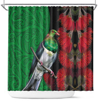 New Zealand Kereru And Pohutukawa Shower Curtain Maori Tribal Tattoo LT03 Black - Polynesian Pride