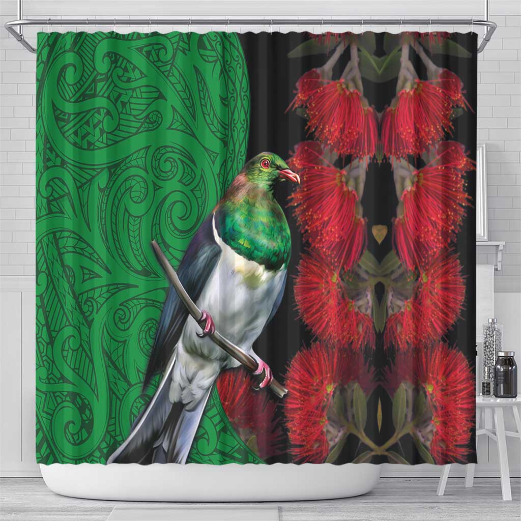 New Zealand Kereru And Pohutukawa Shower Curtain Maori Tribal Tattoo LT03 - Polynesian Pride