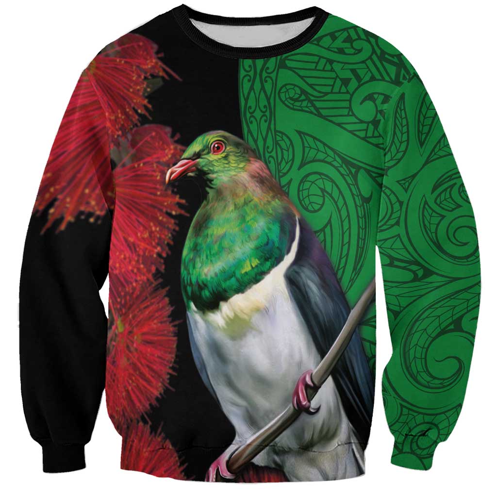 New Zealand Kereru And Pohutukawa Sweatshirt Maori Tribal Tattoo LT03 Unisex Black - Polynesian Pride