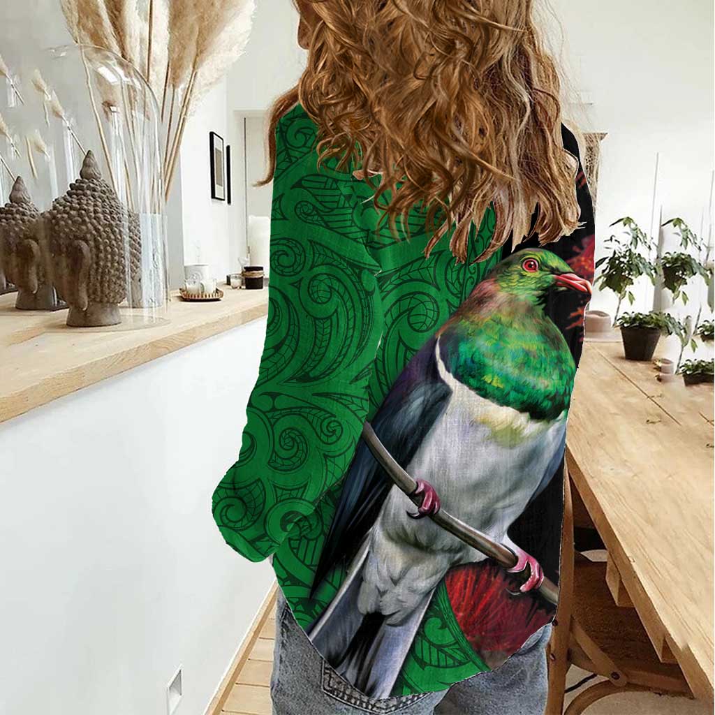 New Zealand Kereru And Pohutukawa Women Casual Shirt Maori Tribal Tattoo LT03 - Polynesian Pride