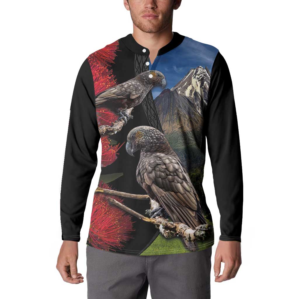 New Zealand Kea And Pohutukawa Button Sweatshirt With The Mountain Landscape