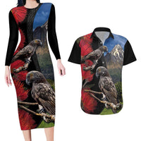 New Zealand Kea And Pohutukawa Couples Matching Long Sleeve Bodycon Dress and Hawaiian Shirt With The Mountain Landscape LT03 Black - Polynesian Pride