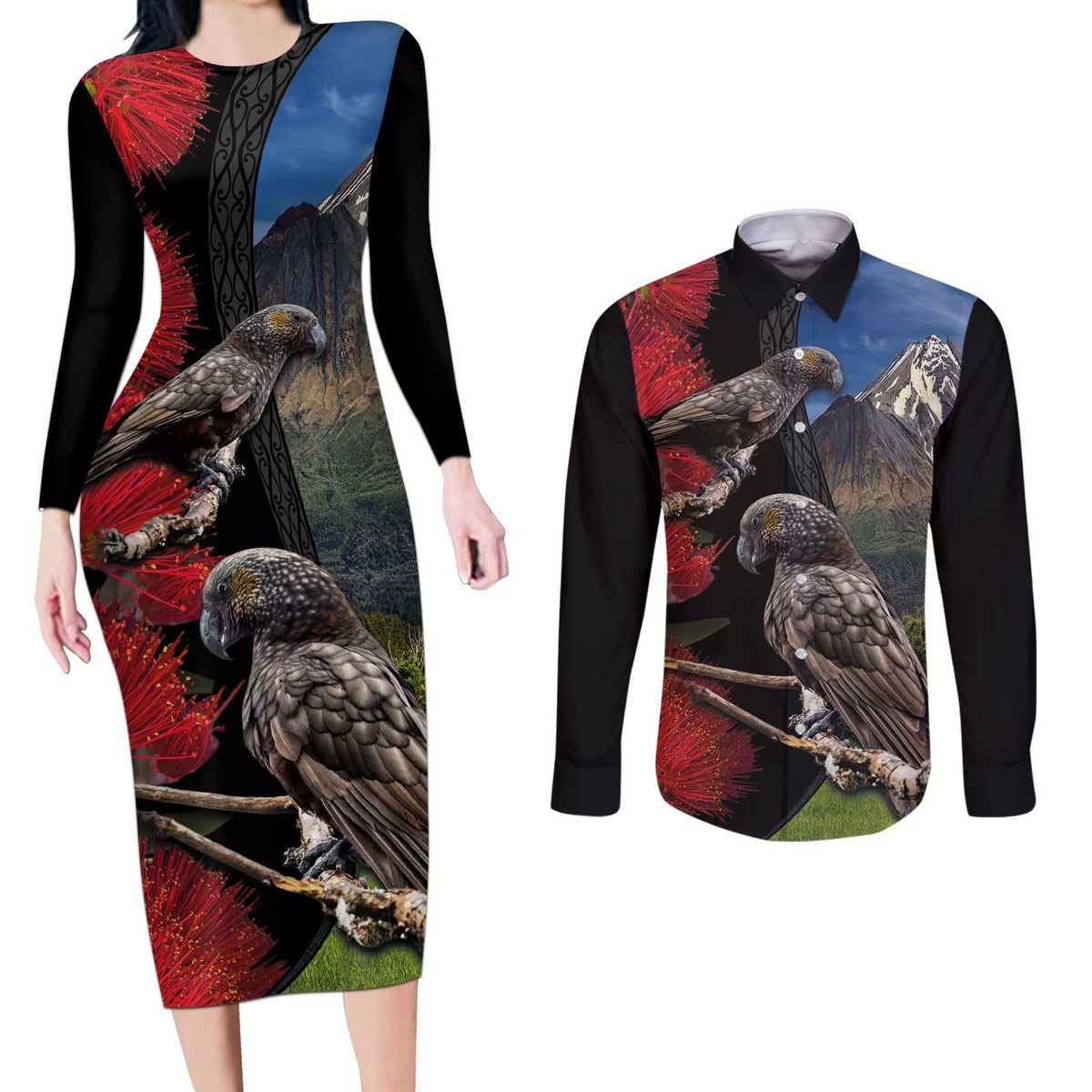 New Zealand Kea And Pohutukawa Couples Matching Long Sleeve Bodycon Dress and Long Sleeve Button Shirt With The Mountain Landscape LT03 Black - Polynesian Pride