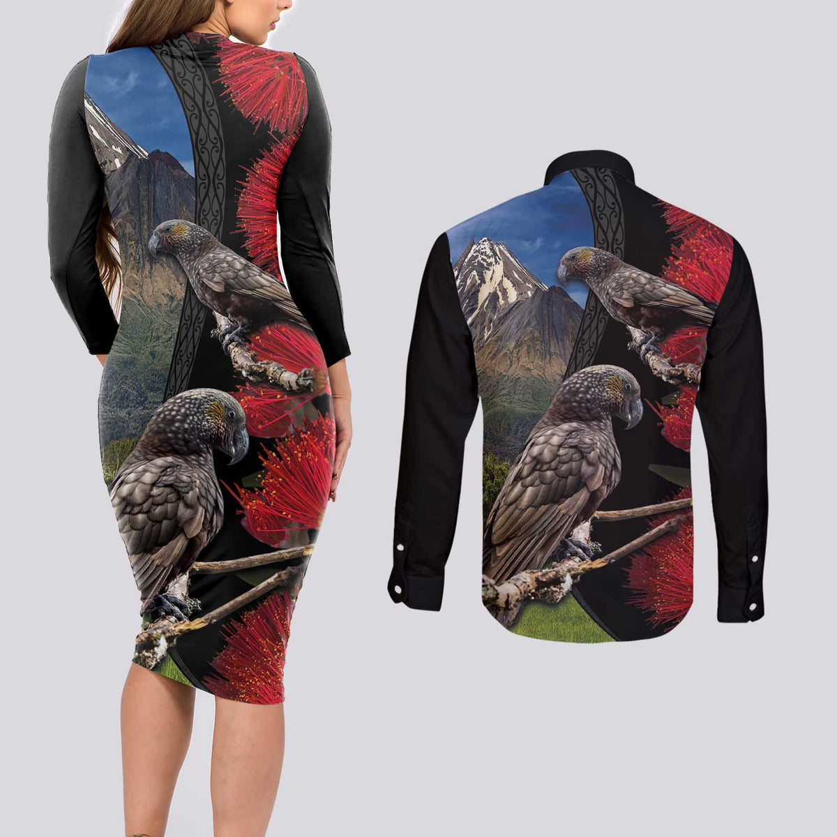 New Zealand Kea And Pohutukawa Couples Matching Long Sleeve Bodycon Dress and Long Sleeve Button Shirt With The Mountain Landscape LT03 - Polynesian Pride