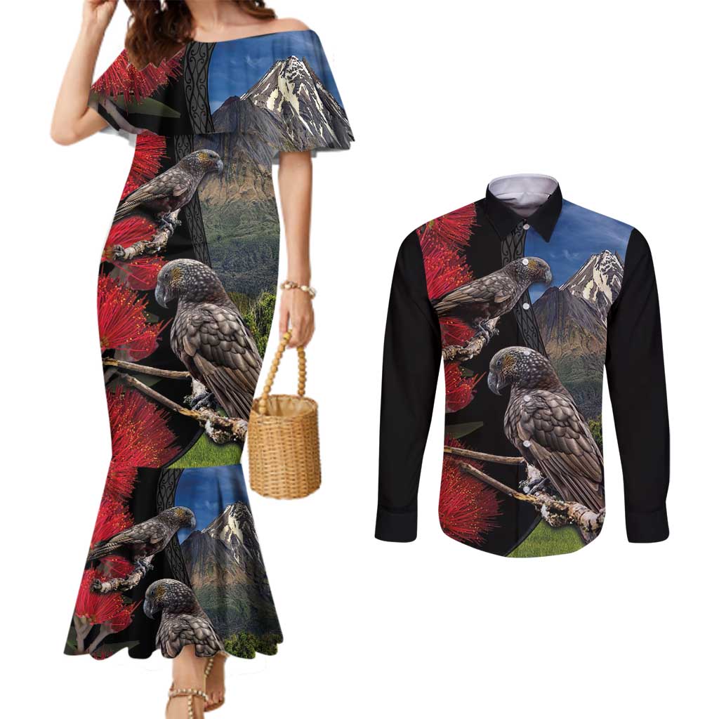 New Zealand Kea And Pohutukawa Couples Matching Mermaid Dress and Long Sleeve Button Shirt With The Mountain Landscape LT03 Black - Polynesian Pride
