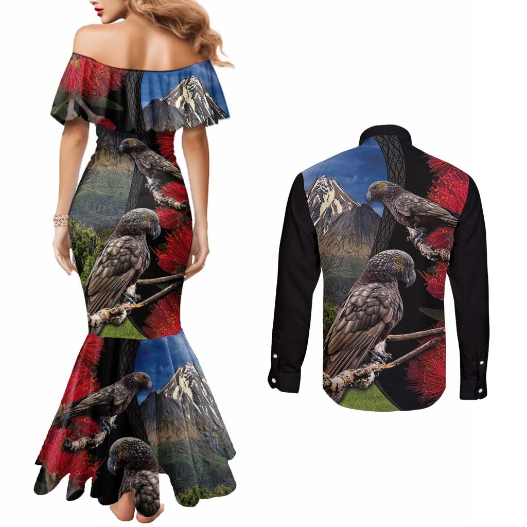 New Zealand Kea And Pohutukawa Couples Matching Mermaid Dress and Long Sleeve Button Shirt With The Mountain Landscape LT03 - Polynesian Pride