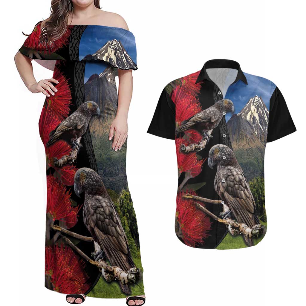 New Zealand Kea And Pohutukawa Couples Matching Off Shoulder Maxi Dress and Hawaiian Shirt With The Mountain Landscape LT03 Black - Polynesian Pride