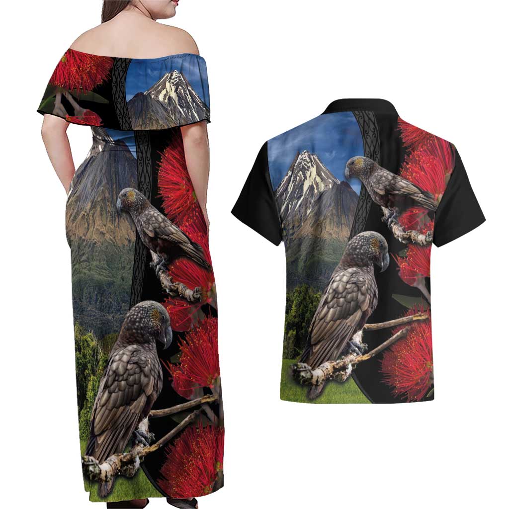 New Zealand Kea And Pohutukawa Couples Matching Off Shoulder Maxi Dress and Hawaiian Shirt With The Mountain Landscape LT03 - Polynesian Pride