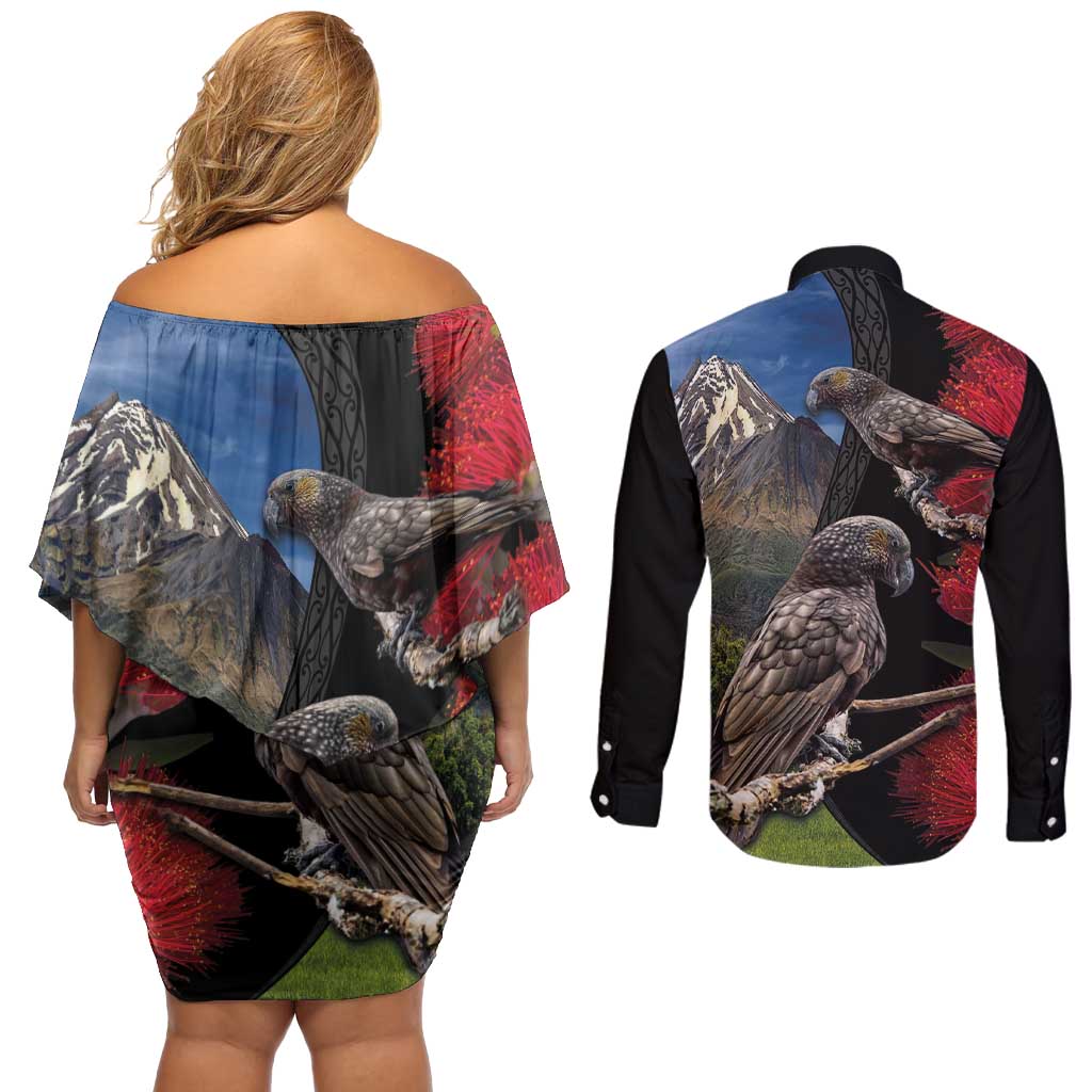 New Zealand Kea And Pohutukawa Couples Matching Off Shoulder Short Dress and Long Sleeve Button Shirt With The Mountain Landscape LT03 - Polynesian Pride