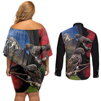New Zealand Kea And Pohutukawa Couples Matching Off Shoulder Short Dress and Long Sleeve Button Shirt With The Mountain Landscape LT03 - Polynesian Pride