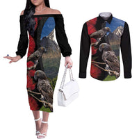 New Zealand Kea And Pohutukawa Couples Matching Off The Shoulder Long Sleeve Dress and Long Sleeve Button Shirt With The Mountain Landscape LT03 Black - Polynesian Pride