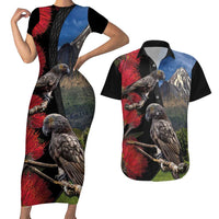New Zealand Kea And Pohutukawa Couples Matching Short Sleeve Bodycon Dress and Hawaiian Shirt With The Mountain Landscape LT03 Black - Polynesian Pride