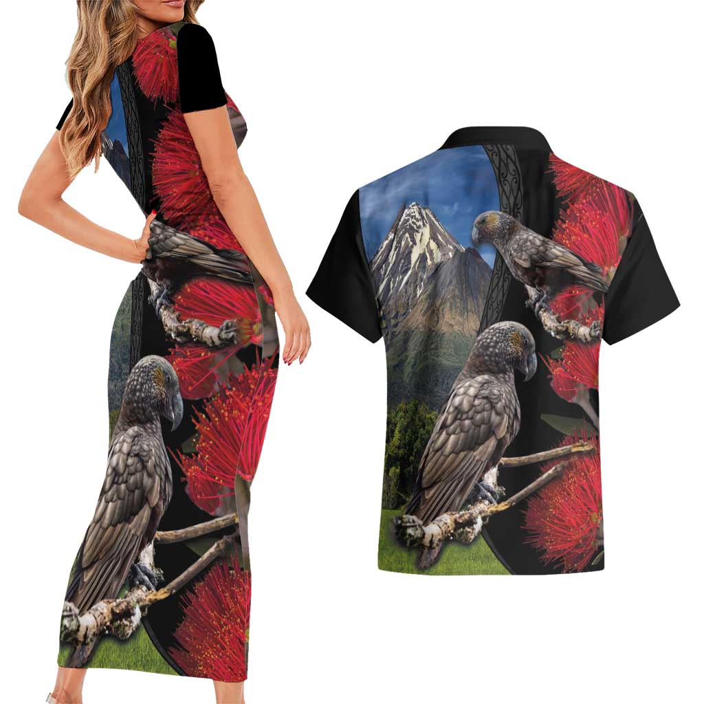 New Zealand Kea And Pohutukawa Couples Matching Short Sleeve Bodycon Dress and Hawaiian Shirt With The Mountain Landscape LT03 - Polynesian Pride