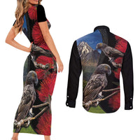 New Zealand Kea And Pohutukawa Couples Matching Short Sleeve Bodycon Dress and Long Sleeve Button Shirt With The Mountain Landscape LT03 - Polynesian Pride