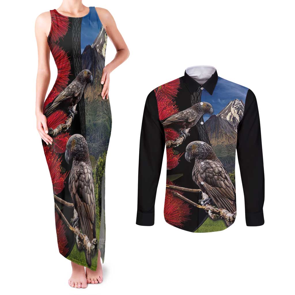 New Zealand Kea And Pohutukawa Couples Matching Tank Maxi Dress and Long Sleeve Button Shirt With The Mountain Landscape LT03 Black - Polynesian Pride