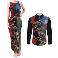 New Zealand Kea And Pohutukawa Couples Matching Tank Maxi Dress and Long Sleeve Button Shirt With The Mountain Landscape LT03 Black - Polynesian Pride