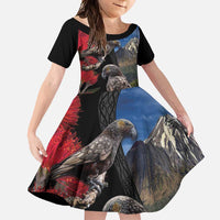 New Zealand Kea And Pohutukawa Family Matching Long Sleeve Bodycon Dress and Hawaiian Shirt With The Mountain Landscape LT03 Daughter's Dress Black - Polynesian Pride
