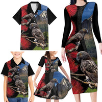 New Zealand Kea And Pohutukawa Family Matching Long Sleeve Bodycon Dress and Hawaiian Shirt With The Mountain Landscape LT03 - Polynesian Pride