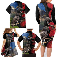 New Zealand Kea And Pohutukawa Family Matching Long Sleeve Bodycon Dress and Hawaiian Shirt With The Mountain Landscape LT03 - Polynesian Pride