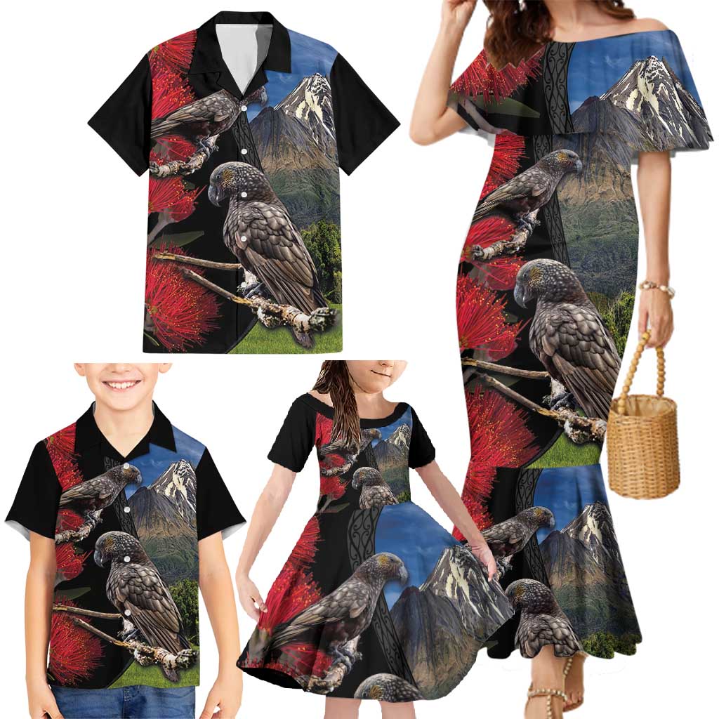 New Zealand Kea And Pohutukawa Family Matching Mermaid Dress and Hawaiian Shirt With The Mountain Landscape LT03 - Polynesian Pride