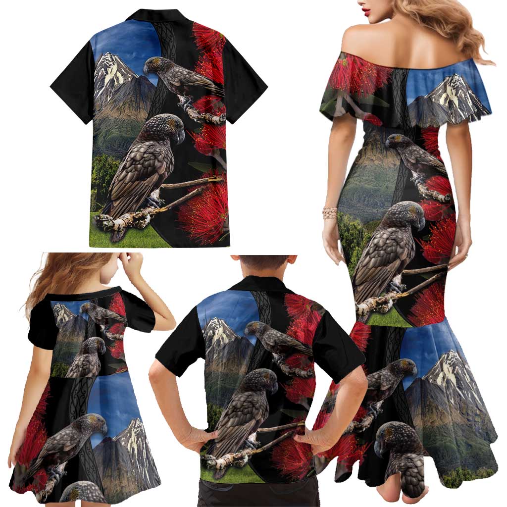 New Zealand Kea And Pohutukawa Family Matching Mermaid Dress and Hawaiian Shirt With The Mountain Landscape LT03 - Polynesian Pride