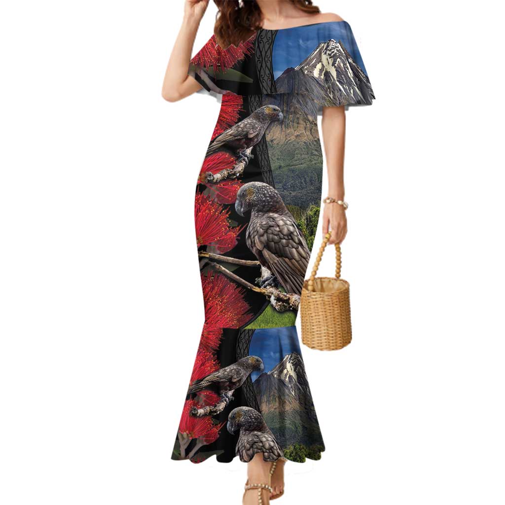 New Zealand Kea And Pohutukawa Family Matching Mermaid Dress and Hawaiian Shirt With The Mountain Landscape LT03 Mom's Dress Black - Polynesian Pride