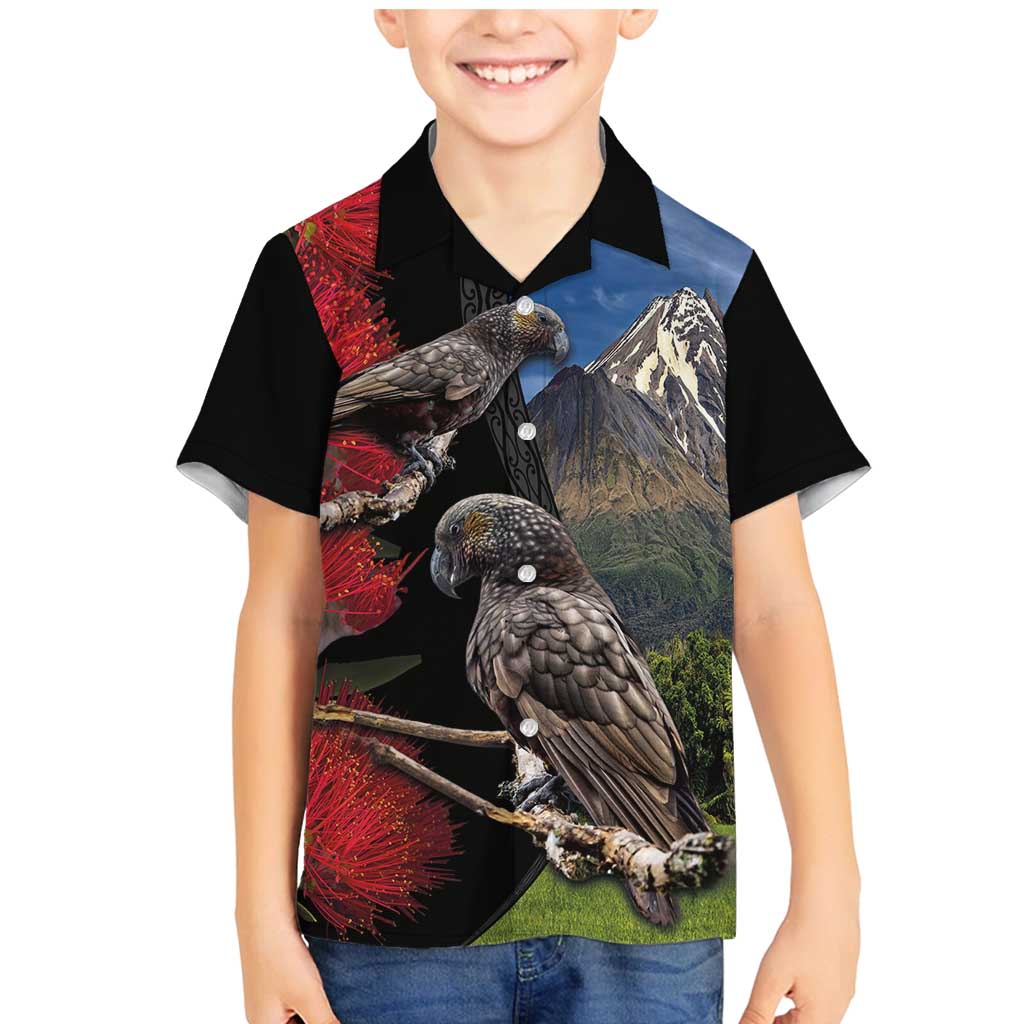 New Zealand Kea And Pohutukawa Family Matching Mermaid Dress and Hawaiian Shirt With The Mountain Landscape LT03 Son's Shirt Black - Polynesian Pride