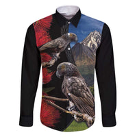 New Zealand Kea And Pohutukawa Family Matching Off The Shoulder Long Sleeve Dress and Hawaiian Shirt With The Mountain Landscape LT03 Dad's Shirt - Long Sleeve Black - Polynesian Pride