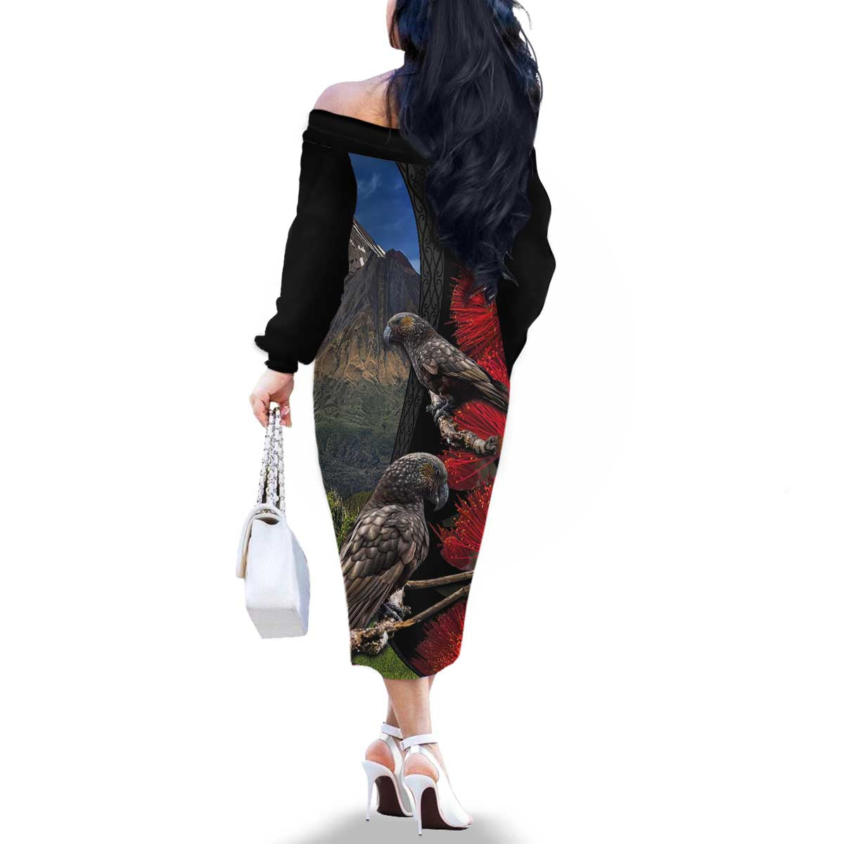 New Zealand Kea And Pohutukawa Family Matching Off The Shoulder Long Sleeve Dress and Hawaiian Shirt With The Mountain Landscape LT03 - Polynesian Pride