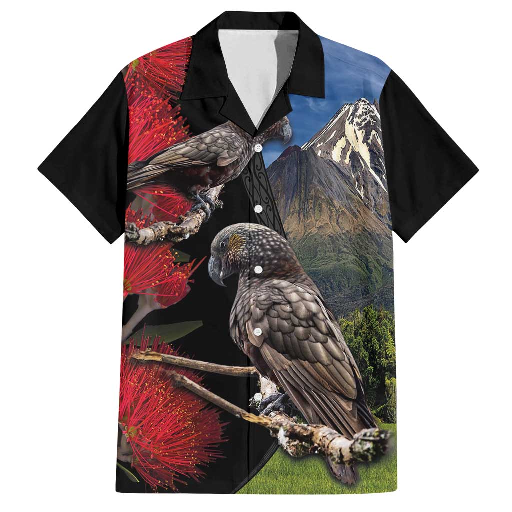New Zealand Kea And Pohutukawa Family Matching Off Shoulder Maxi Dress and Hawaiian Shirt With The Mountain Landscape LT03 Dad's Shirt - Short Sleeve Black - Polynesian Pride