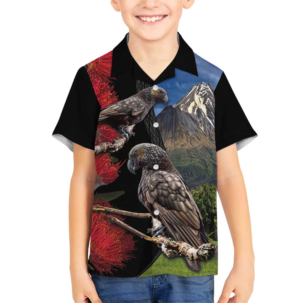 New Zealand Kea And Pohutukawa Family Matching Off Shoulder Maxi Dress and Hawaiian Shirt With The Mountain Landscape LT03 Son's Shirt Black - Polynesian Pride