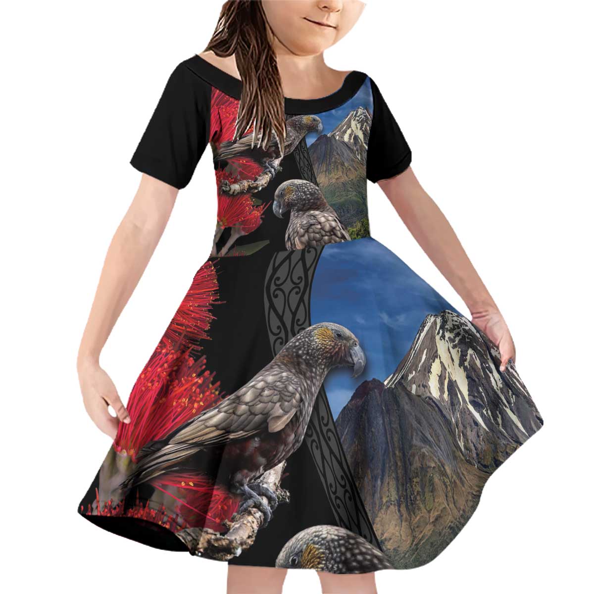 New Zealand Kea And Pohutukawa Family Matching Off Shoulder Short Dress and Hawaiian Shirt With The Mountain Landscape LT03 Daughter's Dress Black - Polynesian Pride