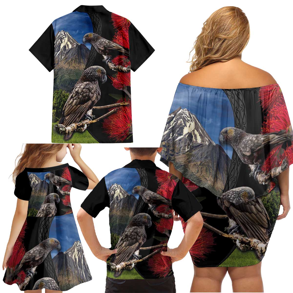 New Zealand Kea And Pohutukawa Family Matching Off Shoulder Short Dress and Hawaiian Shirt With The Mountain Landscape LT03 - Polynesian Pride
