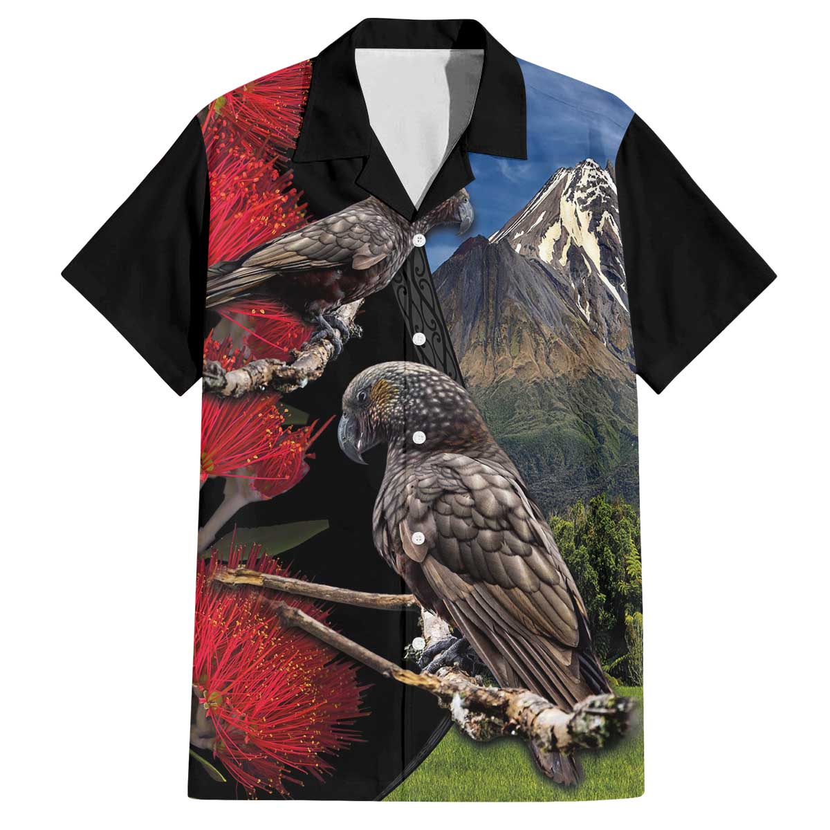 New Zealand Kea And Pohutukawa Family Matching Off Shoulder Short Dress and Hawaiian Shirt With The Mountain Landscape LT03 Dad's Shirt - Short Sleeve Black - Polynesian Pride