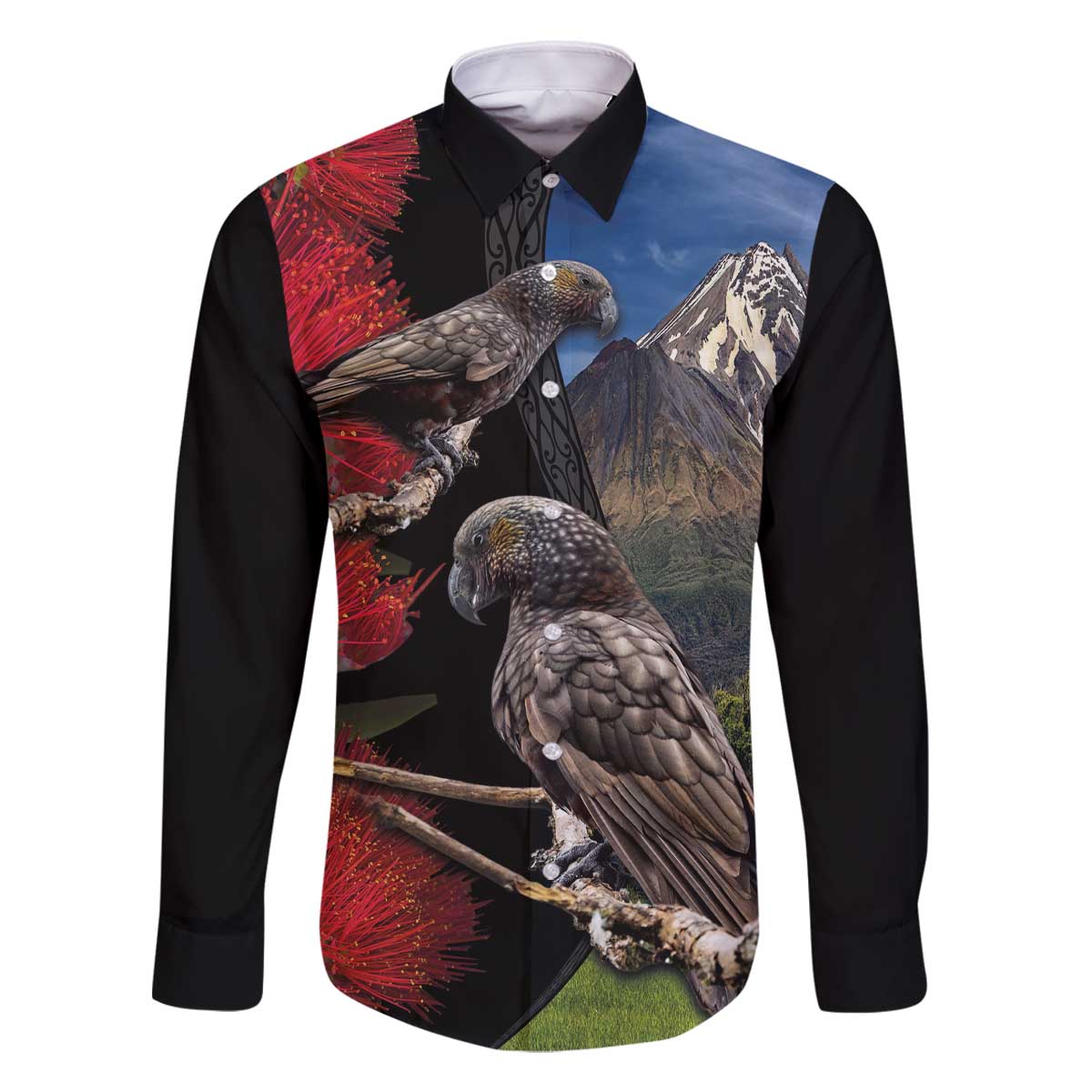 New Zealand Kea And Pohutukawa Family Matching Off Shoulder Short Dress and Hawaiian Shirt With The Mountain Landscape LT03 Dad's Shirt - Long Sleeve Black - Polynesian Pride