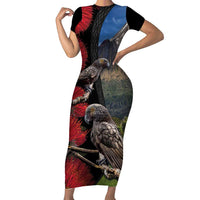 New Zealand Kea And Pohutukawa Family Matching Short Sleeve Bodycon Dress and Hawaiian Shirt With The Mountain Landscape LT03 Mom's Dress Black - Polynesian Pride