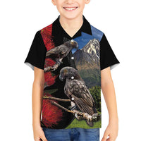 New Zealand Kea And Pohutukawa Family Matching Short Sleeve Bodycon Dress and Hawaiian Shirt With The Mountain Landscape LT03 Son's Shirt Black - Polynesian Pride