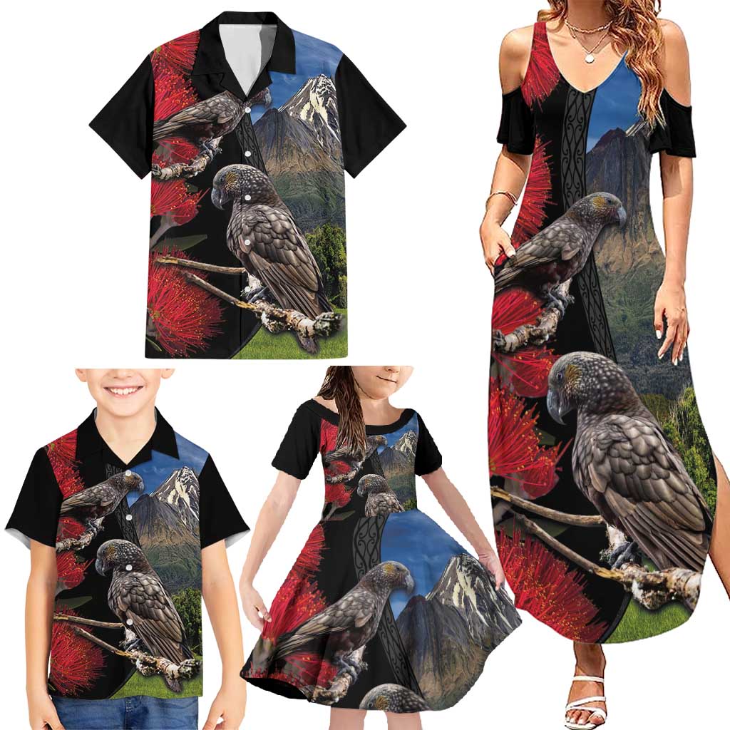 New Zealand Kea And Pohutukawa Family Matching Summer Maxi Dress and Hawaiian Shirt With The Mountain Landscape LT03 - Polynesian Pride