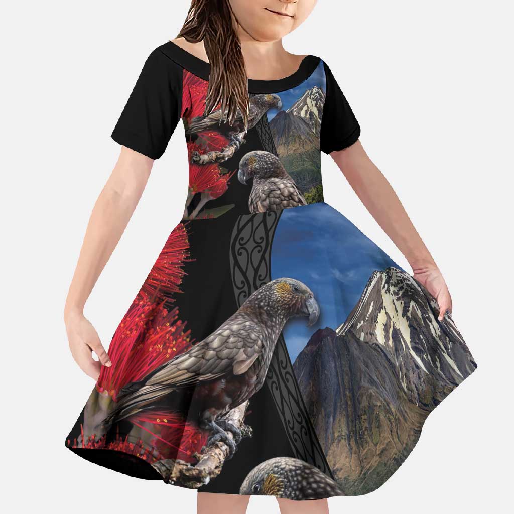 New Zealand Kea And Pohutukawa Family Matching Tank Maxi Dress and Hawaiian Shirt With The Mountain Landscape LT03 Daughter's Dress Black - Polynesian Pride
