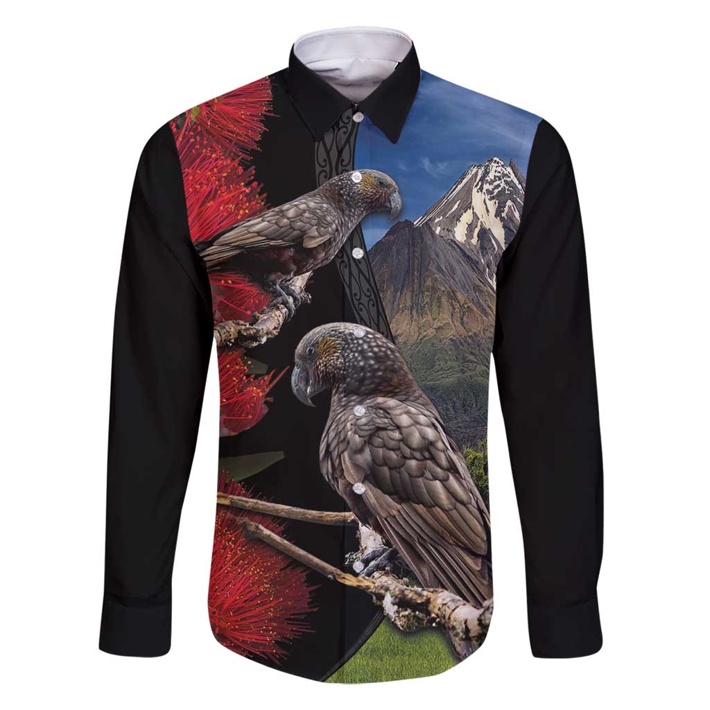New Zealand Kea And Pohutukawa Family Matching Tank Maxi Dress and Hawaiian Shirt With The Mountain Landscape LT03 Dad's Shirt - Long Sleeve Black - Polynesian Pride